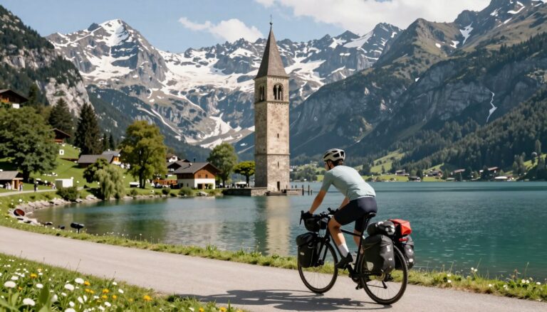 Cicloturista lungo il lago di Resia con il campanile sommerso, sulla Via Claudia Augusta