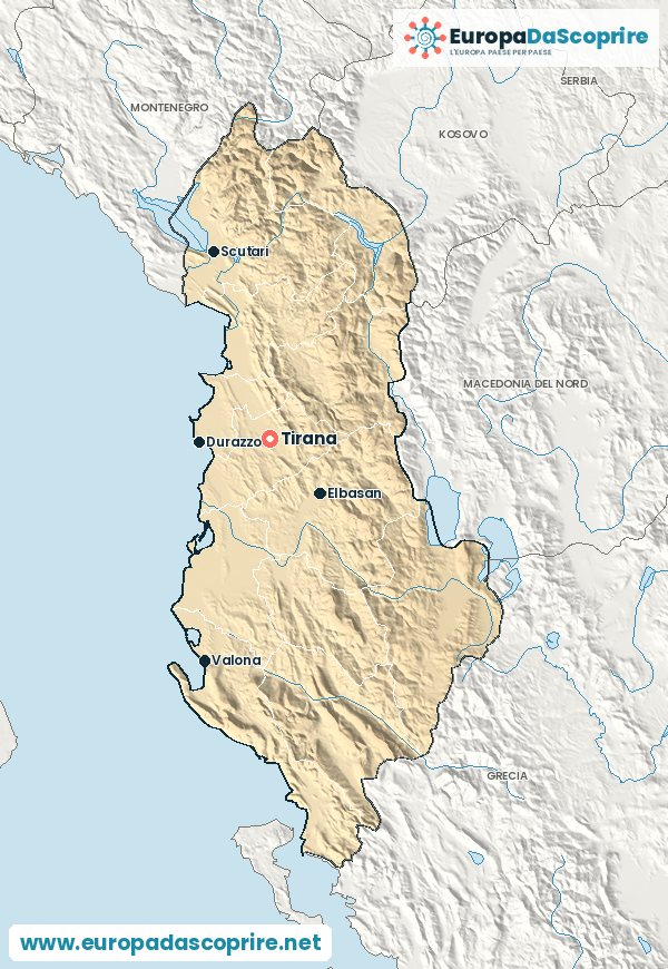 Cartina dell'Albania con la capitale e le città principali