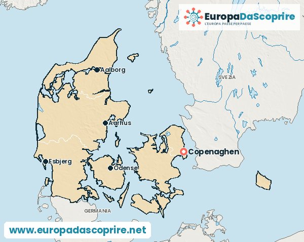 Cartina della Danimarca con la capitale e le città principali