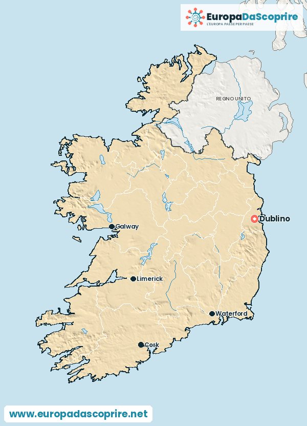 Cartina dell'Irlanda con la capitale e le città principali