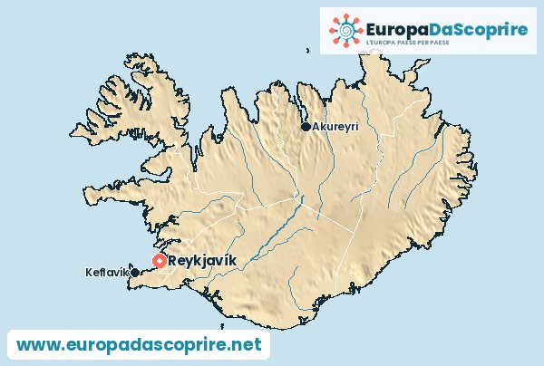 Cartina dell'Islanda con la capitale e le città principali