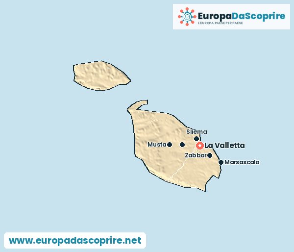 Cartina di Malta con la capitale e le città principali