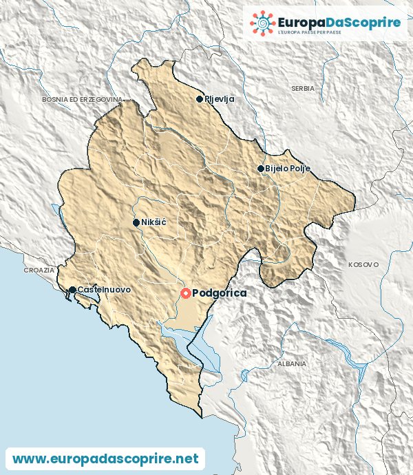 Cartina del Montenegro con la capitale e le città principali