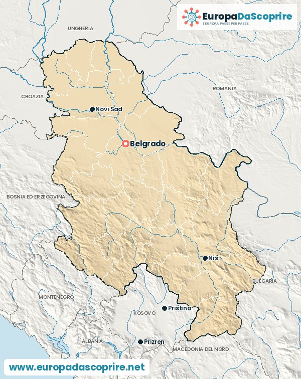 Cartina della Serbia con la capitale e le città principali