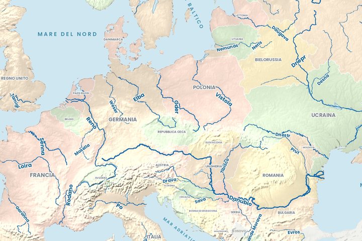 Il Danubio e i fiumi dell'Europa centrale nella mappa fisica