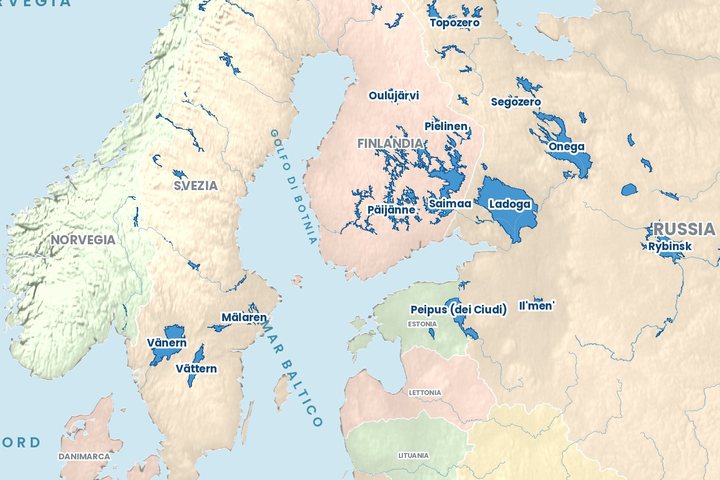 I laghi della Finlandia e della Russia nella mappa fisica dell'Europa