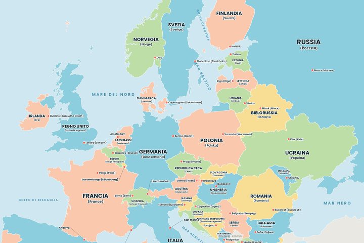 Mappa politica dell'Europa con gli stati e le capitali