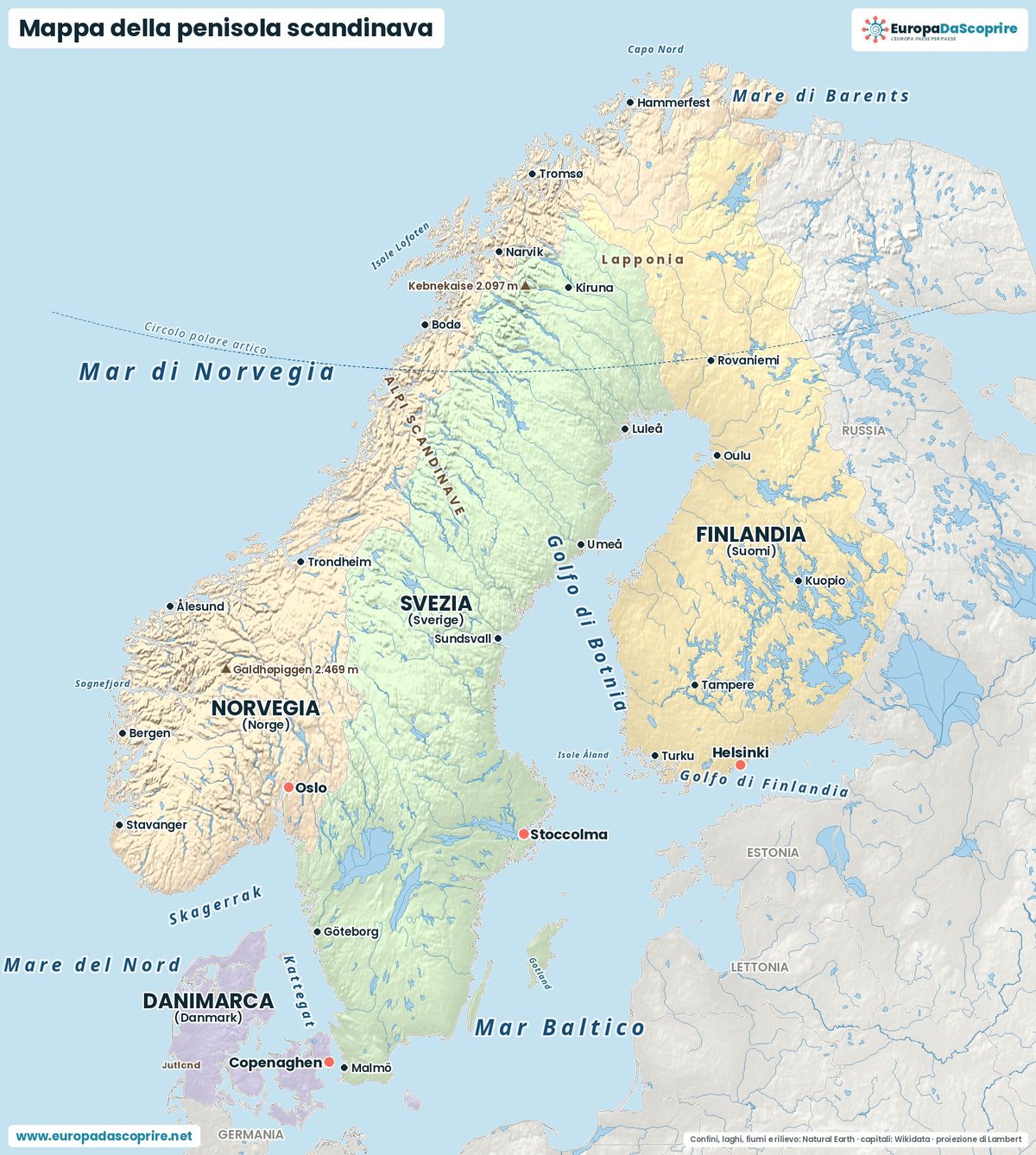 Mappa della penisola scandinava: Norvegia, Svezia, Finlandia e Danimarca con capitali, città, Alpi scandinave, mari e circolo polare artico