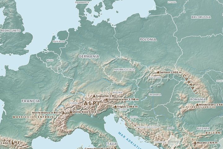 Le Alpi nella mappa fisica dell'Europa
